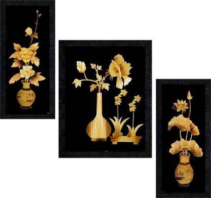 LEVIN'S UV Textured Decorative Art Print of Flowers with wooden synthetic frame # 3 Piece Framed Painting Set Digital Reprint 13 inch x 10.3 inch Painting