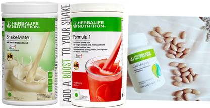HERBALIFE formula 1 starwberry (500g)+ shake mate (500g)+ cell u loss tablet (90 tablet) Plant-Based Protein