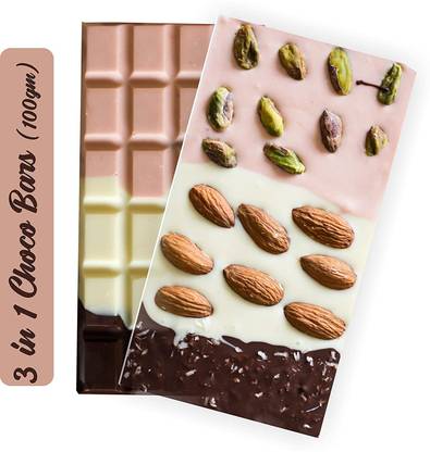 FabBites Premium Chocolate Bar - 3 in 1 - Strawberry Pista,White Almonds and Milk Coconut Chocolate Bar - 130 gm Bars