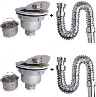 Kyari 304 Extra Heavy Stainless Steel 4 inch Sink Waste Coupling With Bucket /Jali + PVC CHROME Waste Pipe (COMBO - SET OF 2 ) For Kitchen Sink / Wash Basin / Drain Flange Faucet