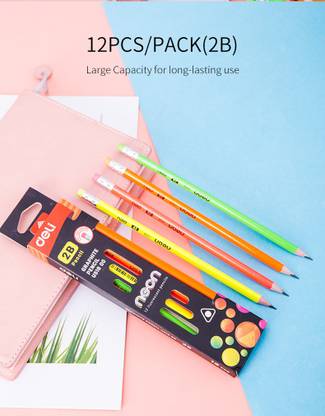 Deli Regular Writing 2B Graphite Pencil with Eraser, Artist Grade Degree Pencils for Drawing & Sketching, Strong Triangular Grip, Non-Toxic Pencils for Beginners, Pre-Sharpened with 4 Neon Yellow, Orange, Geen, Pink Colour for Students, Art & Craft Poplar, Clay Intense Black Graphite Pencil, 8×188mm Nib 12 Pencil