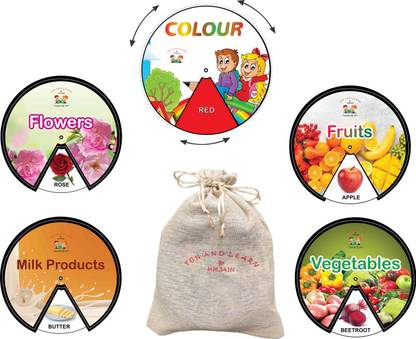 Fun and Learn 10 different color spinner with 10 different topics it includes , Colours , Fruits , Vegetable , Vehicle , Flags , Spices , Currency , Tools ,Flowers ,Milk Product