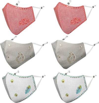 MASQ Anti-Pollution, Anti-Bacterial (BFE>99%) 4 Layer Embroidered, Designer, Fashionable, Protective, 100% Cotton, N-95 Cloth Face Mask Combo for Men, Boys with Size Adjustable Ear Loops & Mask Strap Linen_Lotus_Combo_Large_06 Reusable, Washable Cloth Mask