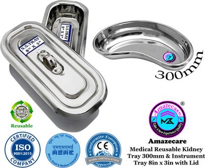 AMAZECARE Stainless Steel Medical Reusable Instrument Tray (8'' X 3'') inch with lid & Kidney Tray 300mm (12” inch) Reusable Medical Tray