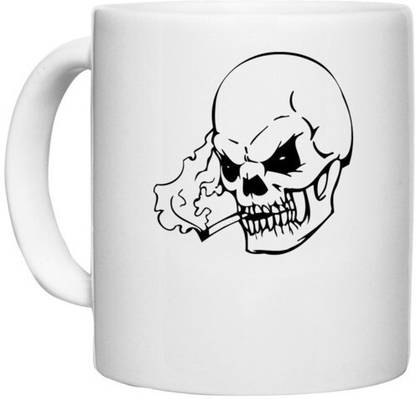 UDNAG White Ceramic Coffee / Tea 'Death | Skull Smoking Skills' Perfect for Gifting [330ml] Ceramic Coffee Mug