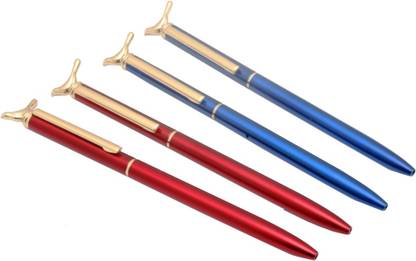Ledos Set Of 4 - Sleek Colorful Blue & Red Body Ballpoint Pens Design With Pigeon On Top Cap Ball Pen