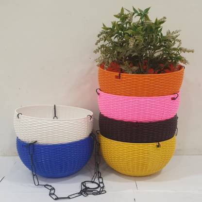 Ramanuj 8.26 inches Round Euro Flower Rattan Hanging Planter/Beautiful Round Gamla Pot/Flower Hanging Pot with chain for Garden Balcony Plant Container Set Plant Container Set