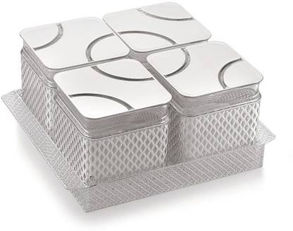 Liza Fabio Set-4 Silver Tray, Container Serving Set