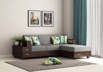 Balaji Furniture Sheesham Wood 4 Seater L Shape Sofa With 4 Drawers & Shelf Storage For Living Room, Lounge & Office Fabric 4 Seater Sofa