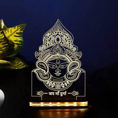 StarLaser Goddess Maa Durga 3D Acrylic Table lamp for Home Decor Warm White Light with 12V 1 amp Adapter (Wooden Base) Table Lamp