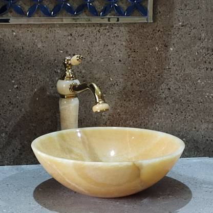 Bherunath Onyx Stone Wash Basin Duwdrop Honey Onyx Countertop/Tabletop Beige Designer Round Bathroom Washbasin Counter Top