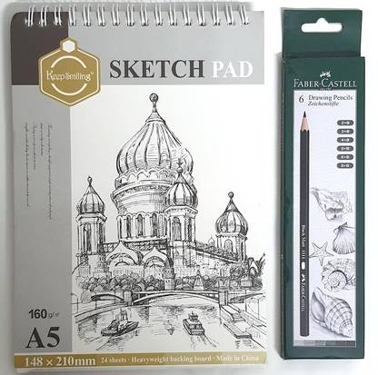 SKYGOLD KEEP SMILINGS ARTISTS SKETCH PAD A5 FOR DRAWING WITH FABER CASTELL DRAWING PENCIL SET COMBO SKETCHING KIT FOR ARTISTS