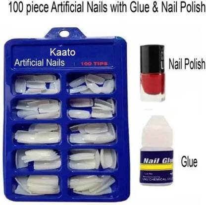 KAATO Artificial nails with nail polish, 100 Pcs Reusable Acrylic False Nails With Nail Glue For Women's & Girls White (Pack of 100) WITH DIFFERENT SHAPES AND STYLES WHITE White (Pack of 100) WHITE