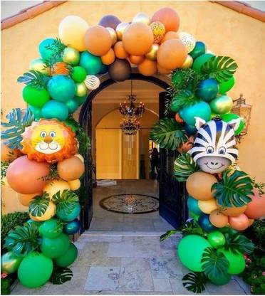 Bash N Splash Printed Animal kingdom Jungle Safari Theme Cute Zebra lion Party Decoration Balloons with balloons & Glue dot & Arch Strip (pack of 104) Balloon