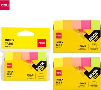 Deli Strong Adhesive Bright Colour Sticky Notes, Perfect for Marking, Indexing, Highlighting and Color-Coding, Detachable and Repositionable Rectangle Shape Tab Memo Pad with Cradboard Dispenser, 3 Pack of Pink, Orange, Yellow, Green Colour Notepad for Students, Aspirants, Artist, College, Office Use, Write with Ball Pen or Pencil on Binder Index Divider