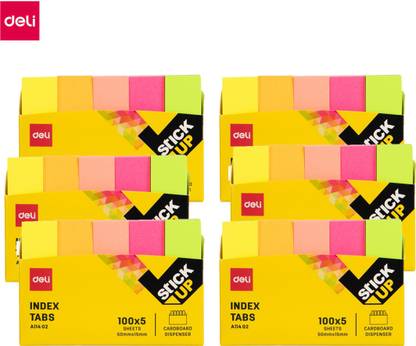 Deli Strong Adhesive Bright Colour Sticky Notes, Perfect for Marking, Indexing, Highlighting and Color-Coding, Detachable and Repositionable Rectangle Shape Tab Memo Pad with Cradboard Dispenser, 6 Pack of Pink, Orange, Yellow, Green Colour Notepad for Students, Aspirants, Artist, College, Office Use, Write with Ball Pen or Pencil on Binder Index Divider