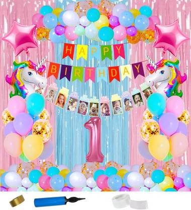 Bubble Bells Solid 1st first happy birthday unicorn decorations kit combo pack set items for girls Balloon