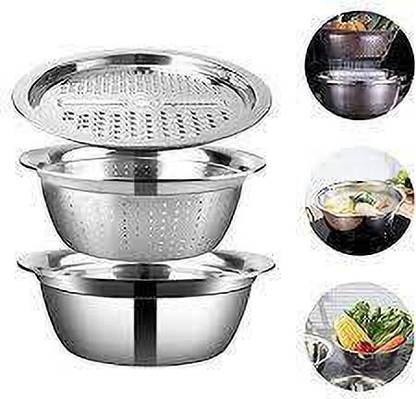 Shyam Creation 11 Inch Stainless Steel Drain Basket Vegetable Cutter, 3 in 1 Kitchen Multipurpose Julienne Grater - Salad Maker Bowl Strainer
