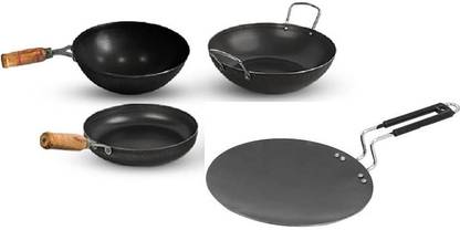 damurhu Pure Iron Cookware Set-Iron Kadai + Iron Tawa + Iron Wok + Iron Pan Combo Pack Set of-4PCS Cookware Set