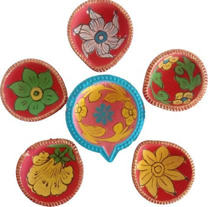 DAKSHAM CREATION Blue Pottery Design Handmade Red Base Colourful Clay Diya for Diwali Decoration Deepak -Set of 6+1 Pieces with Batti Terracotta (Pack of 6) Table Diya Set