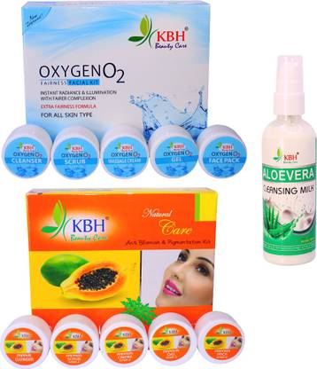 kbh Papaya Facial Kit (155gm) + Oxygen O2 Plus Facial Kit (155gm) + Aloevera Cleansing Milk(100g) Set Facial Kit Cleansing Milk Combo