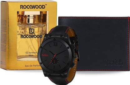 Relish Analog Black Dail Leather Strap Watch, Wallet with Perfume Combo Pack for Mens, Gift Set for Diwali, Birthday, Anniversary and Special Occasion Paper Gift Box