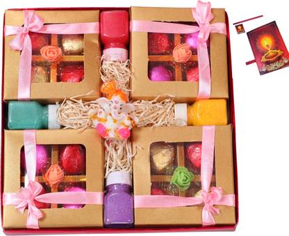 MANTOUSS Diwali gift hamper for employees/Diwali gift items for corporate employee/Diwali gift hamper-4 boxes of Handcrafted Chocolates+Showpiece figurine+rangoli colours+Deepawali greeting card Assorted Gift Box