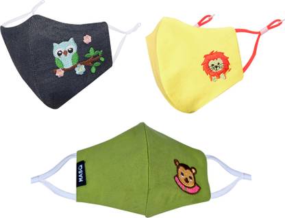 MASQ Anti-Pollution, Anti-Bacterial (BFE>99%) 4 Layer Embroidered, Designer, Fashionable & Protective 100% Cotton Cloth Face Mask Combo for Kids with Lanyard & Size Adjustable Ear Loops EY_Panda_Combo_03 Reusable, Washable Cloth Mask