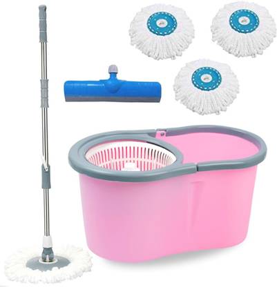 V-MOP Premium Pink Plastic Dry Magic Spin Bucket Mop Set With 3 Refills + FREE 1 Floor Wiper (( 6 Months Warranty on Rod )) Mop Set, Duster, Bucket, Mop, Cleaning Wipe, Scrub Pad Wet & Dry Mop