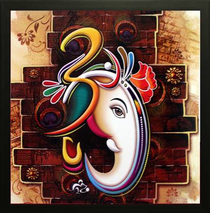 lvy Ganesh Ji Big Canvas Painting With Frame, Multicolour, Square Digital Reprint 11 inch x 11 inch Painting