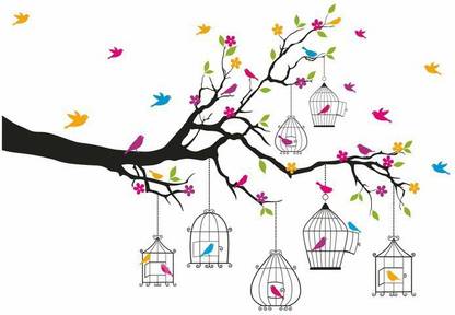 Happy Walls 70 cm Colourful Love Birds & Cages On Tree Branch Self Adhesive Sticker