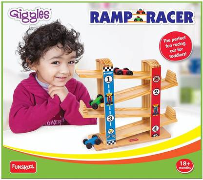 FUNSKOOL Giggles - Ramp Racer, Wooden Racing Toy with 3 Mini Cars, Fine Motor Skills, Free Wheeling Cars