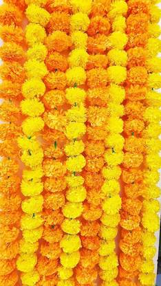 APSAMBR 10PCS Artificial Marigold Flower Garlands 5 Feet Long (Light Orange and Yellow, Wedding Party Mantle Decoration, Faux Garlands Wedding Garland, Diwali Decoration, Spring Bush Floral! Garlands Pack of 10