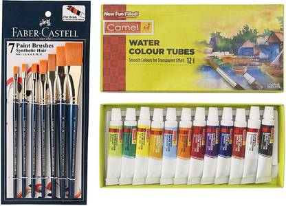 Camlin CAMEL STUDENTS WATERCOLOR SET 12 SHADES WITH FABER CASTELL FLAT BRUSH SET OF 7 BLUE HANDLE COMBO ART SET FOR ARTISTS PAINTING