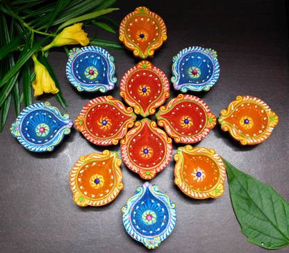 twilight Unic design decorative earthenware diya, glossy finish with acrylic color & dust proof use for puja and Diwali decoration Earthenware, Terracotta (Pack of 12) Table Diya Set