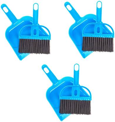 IndusBay Set of 3 , Mini Dust Pan Broom Brush Dustpan Set - Small Sweeper for Pet Cage Clean and Car Keyboard corners and small Gaps Brush (Blue) Plastic Dustpan