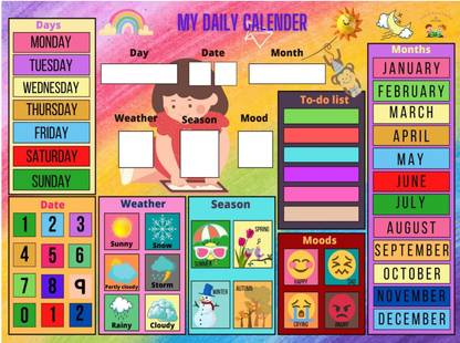 Fun and Learn "My Daily Calendar, with 50 Velcro cut out & One Activity Cover Many Things Days of the Week, Month of the year, Weather, Date, Season, Mood, To-do-list"
