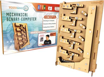 Youngineers Mechanical Binary Computer, Wooden DIY STEM Toy for 10+, with Educational Videos