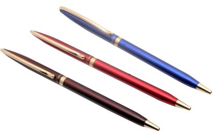 Ledos Set Of 3 - Realto Carnival Sleek Metal Body Ballpoint Pens With Golden Trims Pen Gift Set