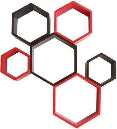 Famous Art Shopee Wall Shelf Hexagon Shape Shelves ( Color - Red & Black ) MDF (Medium Density Fiber) Wall Shelf
