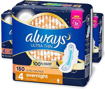 Always Ultra Thin, Size 4, Overnight Pads With Wings, Unscented, 50 Count (Pack of 3) Sanitary Pad