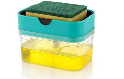 AKEN Liquid Soap Dispenser with Sponge Holder for Kitchen sink, 2 in 1 Soap Dispenser for Dishwasher Liquid Holder , Liquid Dispenser Through Pump with Sponge (Plastic - 380 ml) (Make in India)