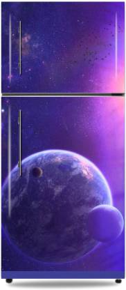 KUKU HOME DECOR 154.94 cm Creative 3D Planet Earth with sparkling stars purple colour theme fridge door skin Self Adhesive Sticker