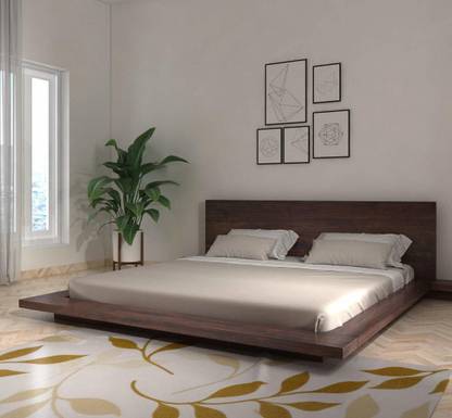 Modway Matured Sheesham Wood Low Height Platform Queen Size Bed for Bedroom Wooden Double Bed with 2 Bedside Table (Walnut) Solid Wood Queen NA Bed