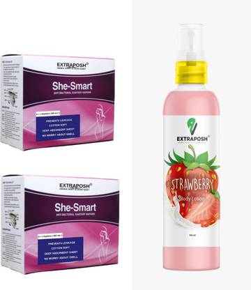 Extraposh STRAWBERRY BODY LOTION - USEFULL FOR HYDRATING SKIN + SHE SMART SANITARY PAD - USEFULL FOR NON BACTERIAL SKIN