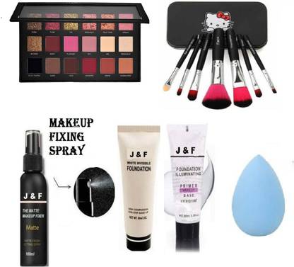 J & F Base Tube Primer ,Fixer ,Matte liquid Foundation With Remastered Rosegold Eyeshadow Palette Matte ,7 Pc Makeup Brush Set Black / Pink and Sponge Puff ( Makeup Kit Combo )