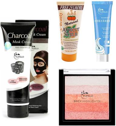 TUPELO Combo pack of charcoal mask cream anti black head oil control anti head mask cream (130ml) + one face salicylic ice cream mask acne moisturizing smear mask moisturizing,cleansing & shrinking pores face skin care ,ideal for all skin natural apricot scrub for men & women + brick Swiss highlighter for women