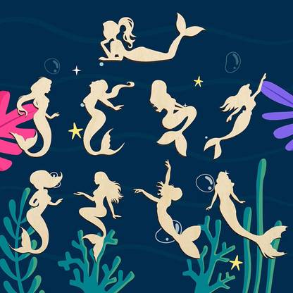 CLITHS Pack of 9 Pieces Wooden Mermaid (2.5 in x 4 in) Cutouts, Unfinished Wooden Mermaid Art and Craft. Wooden Cut-outs