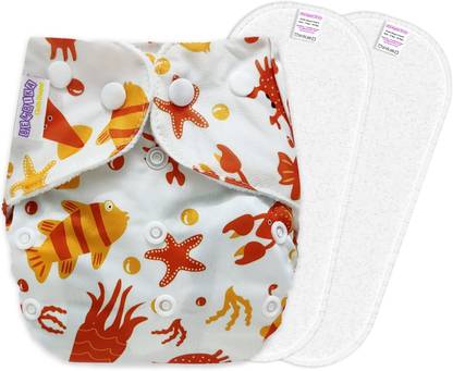 Bembika B Plus Printed Cloth Diapers for Babies, Washable Reusable, Adjustable Sizes with (2 Micro Fiber Inserts Included) (Fish Doodle) 1TM2 - XL