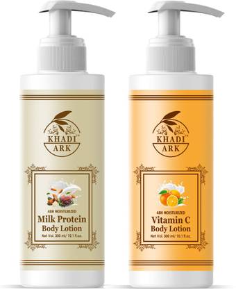 Khadi Ark Milk Protein Body Lotion and Skin Whitening Vitamin C Body Lotion For 24 Hrs Skin Hydration and Soft Skin (Combo) of 2 Lotion